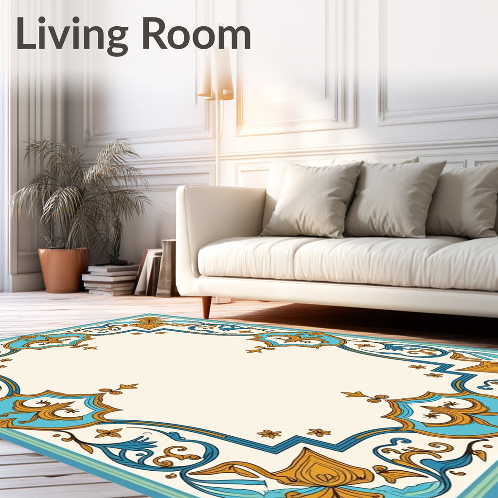 Turquoise Gold Floral Ornamental Border Rug