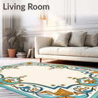 Turquoise Gold Floral Ornamental Border Rug