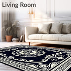 Classic Black Cream Floral Medallion Border Rug