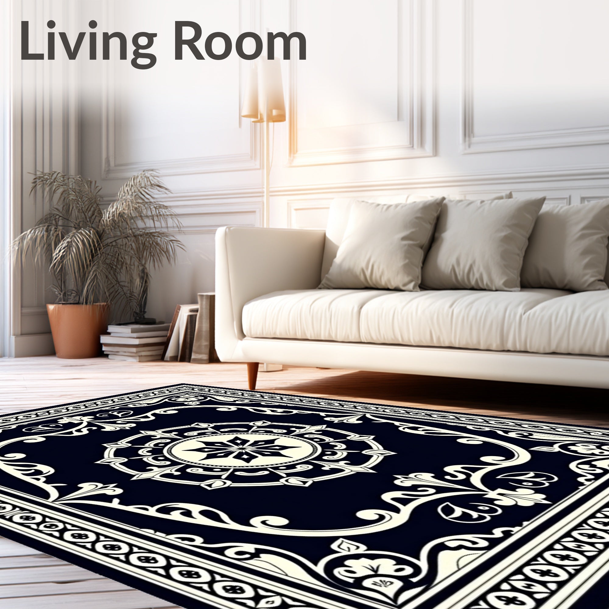 Classic Black Cream Floral Medallion Border Rug