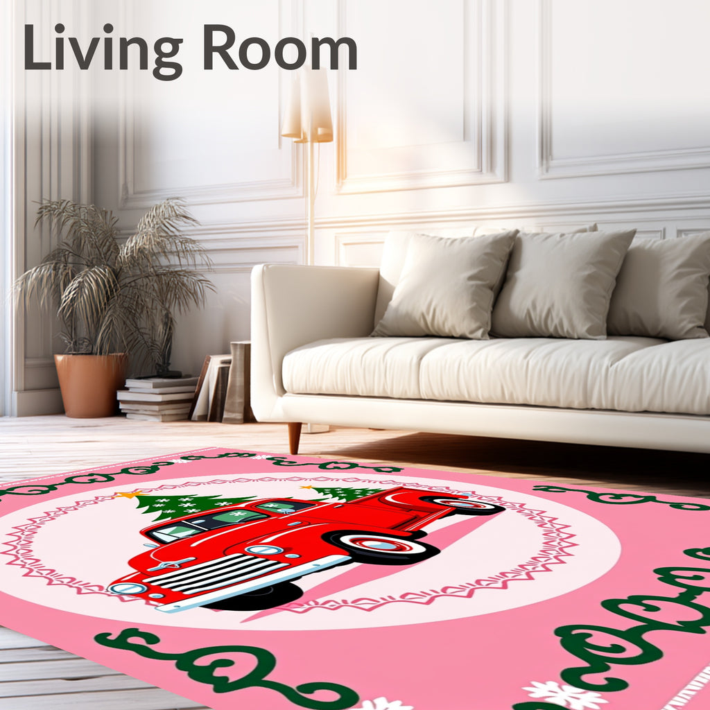 Red Truck Christmas Tree Festive Border Rug