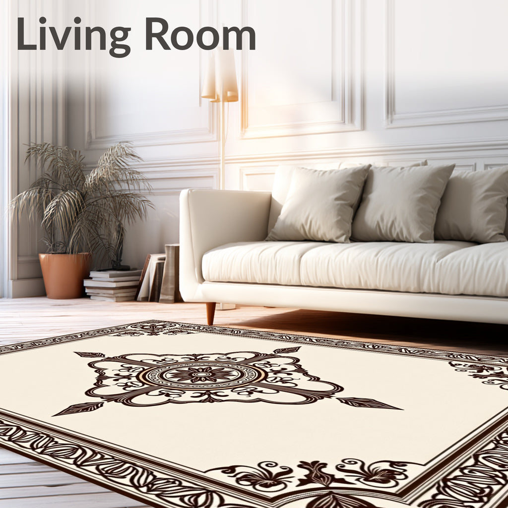 Dark Brown Ornamental Floral Medallion Border Rug