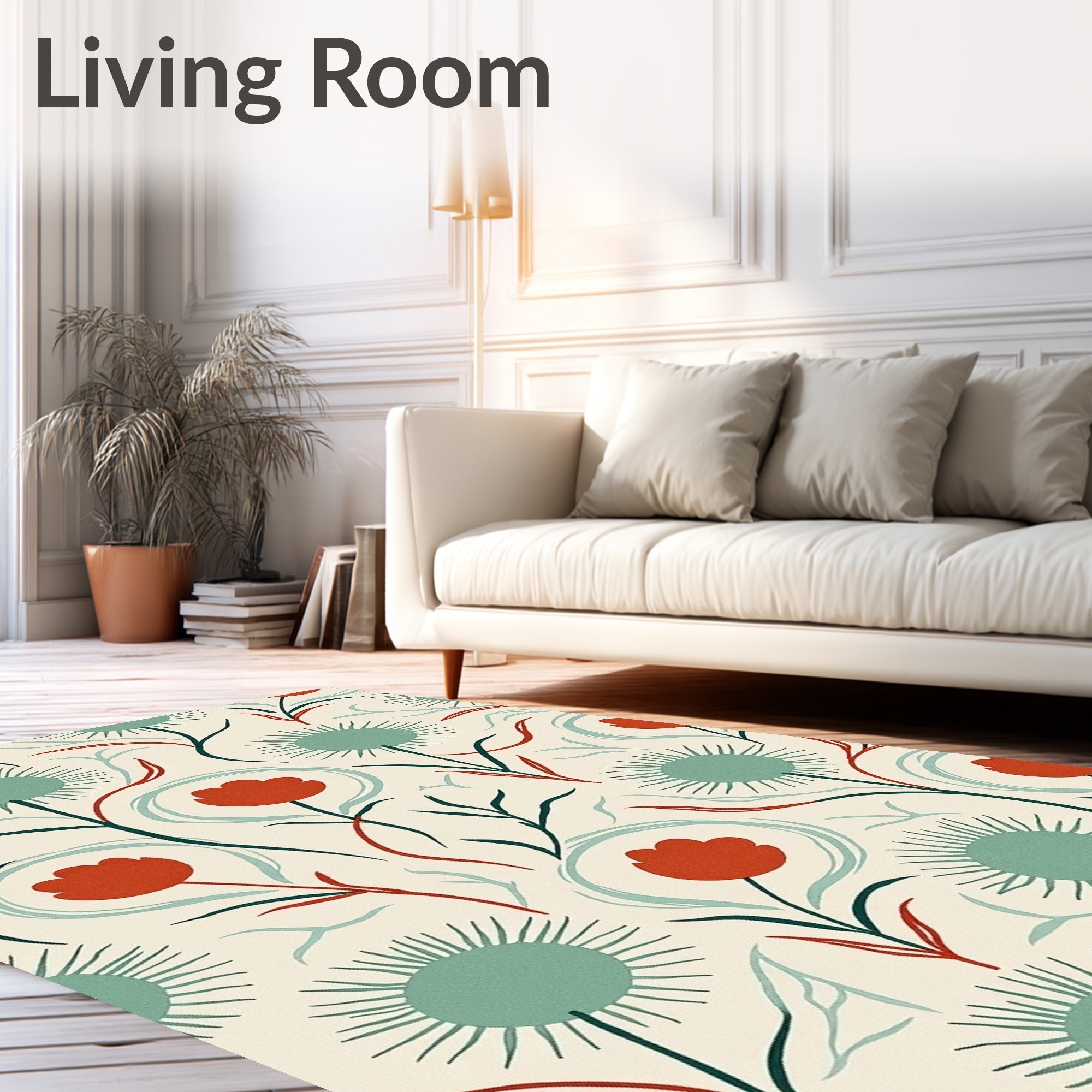 Teal Coral Whimsical Floral Illustration Rug