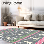 Winter Forest Deer Snowflakes Pink Green Rug