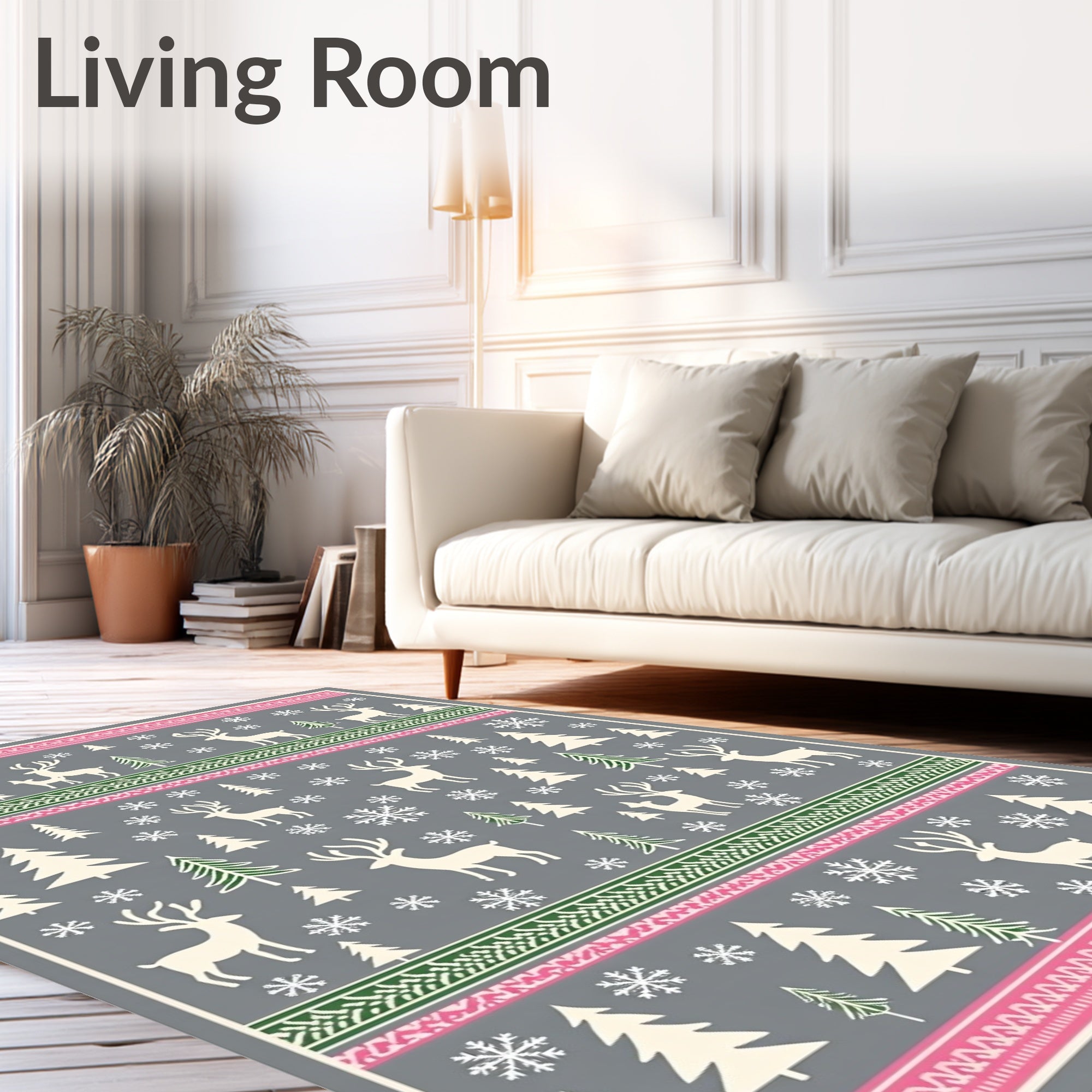 Winter Forest Deer Snowflakes Pink Green Rug