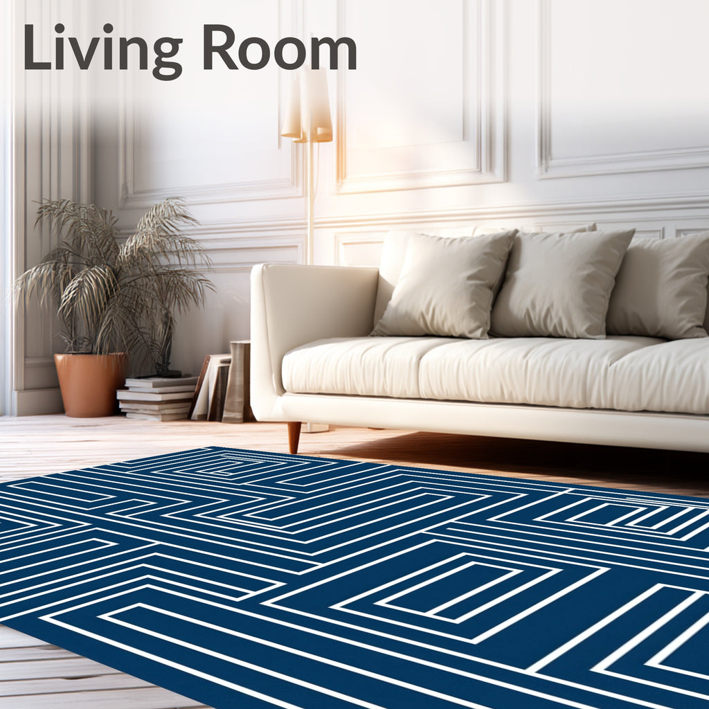 Dark Blue White Linear Maze Rug