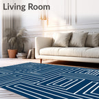Dark Blue White Linear Maze Rug