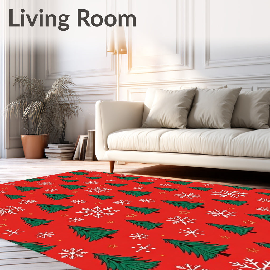Festive Green Trees White Snowflakes Red Rug