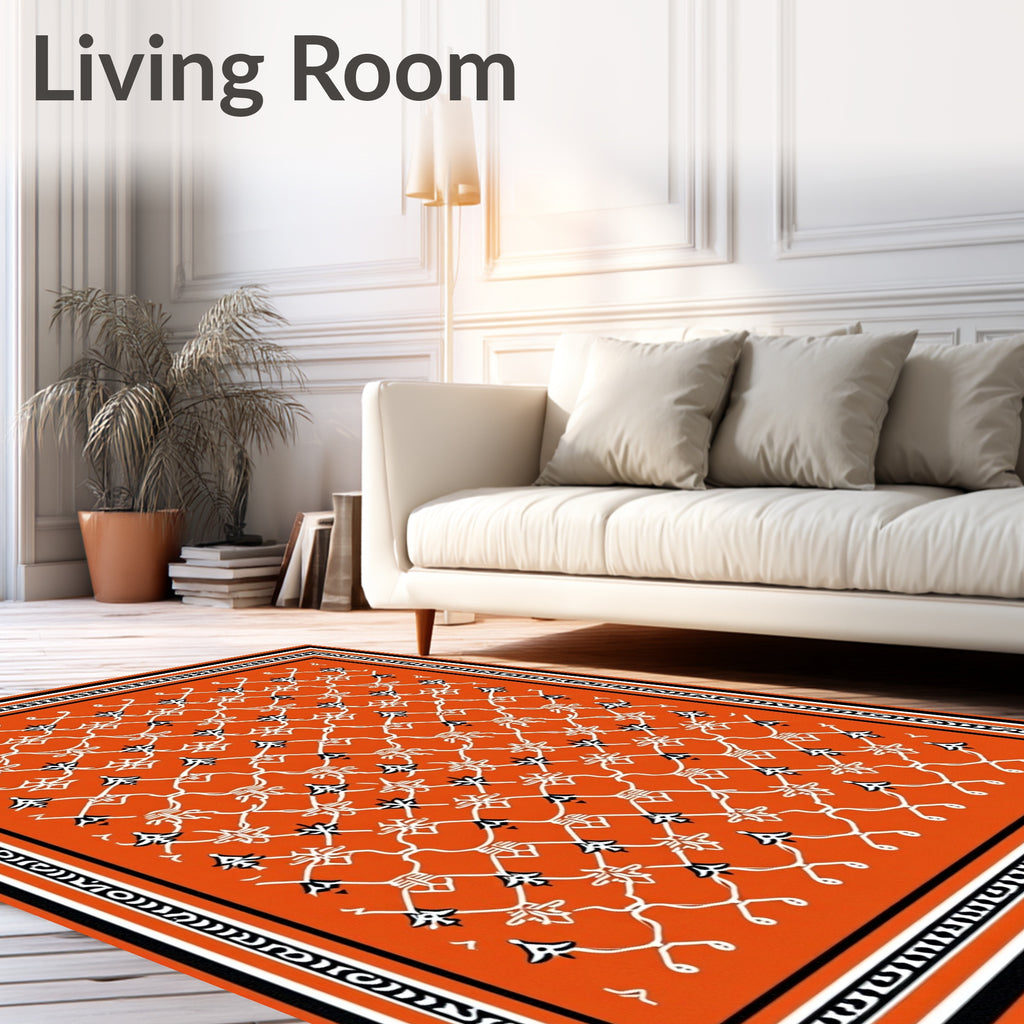 Vibrant Orange Lattice Floral Accents Rug