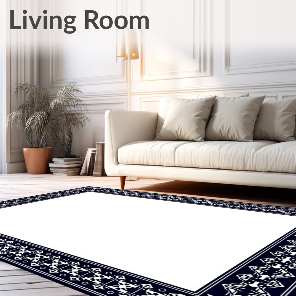 Elegant Navy White Art Deco Border Rug