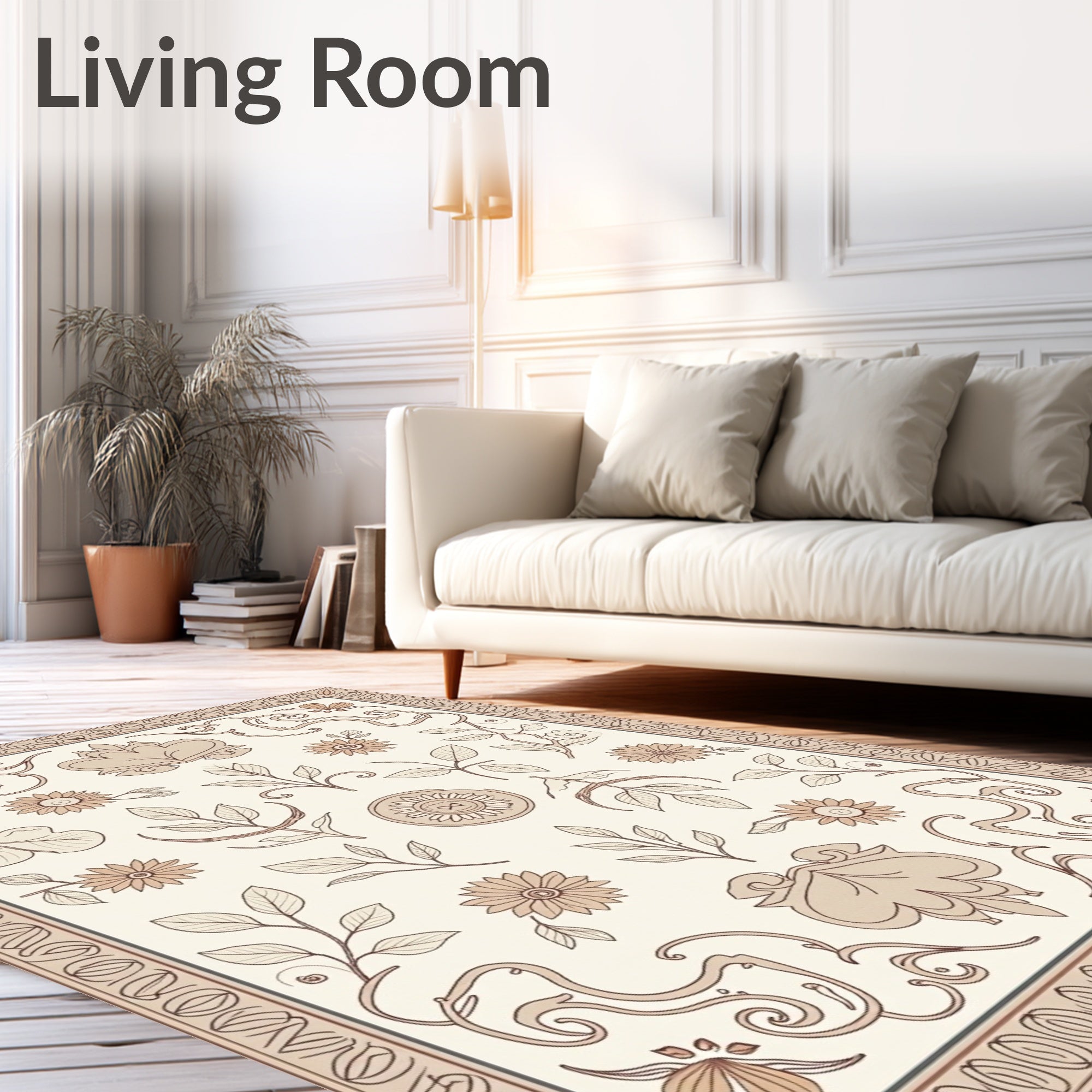 Neutral Floral Vine Border Rug