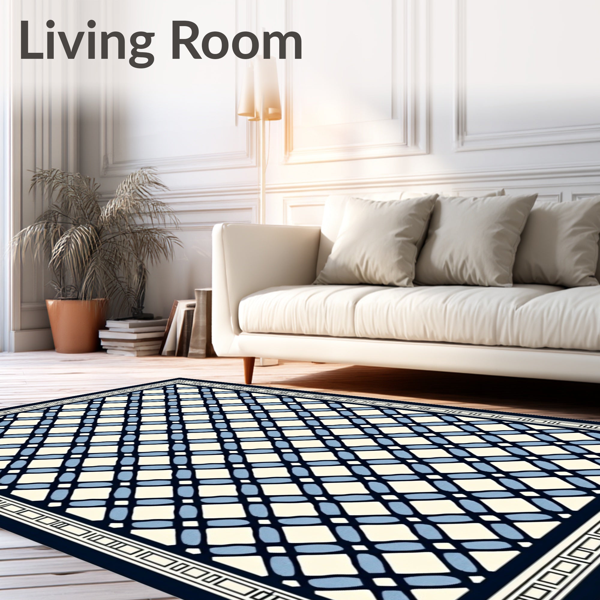 Navy Blue Lattice Cream Contemporary Rug