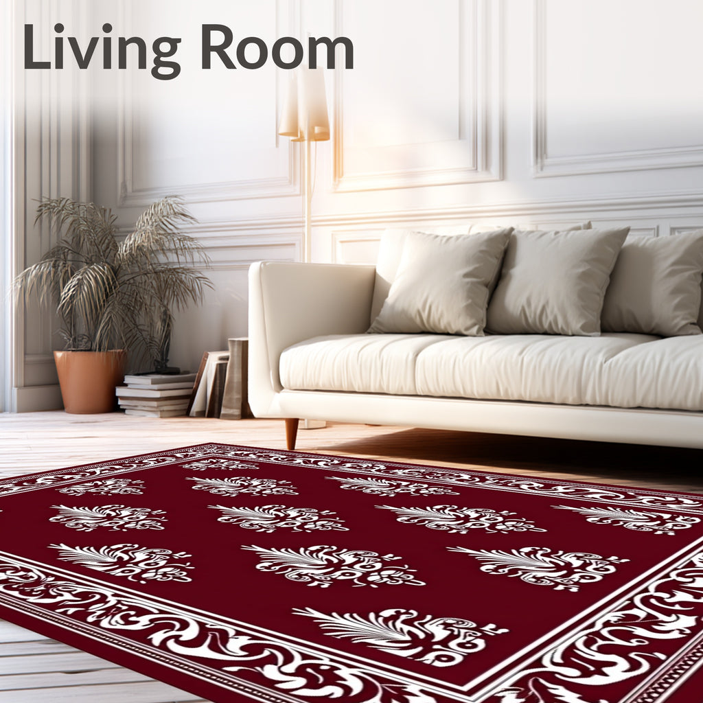 Crimson white ornate floral damask Rug