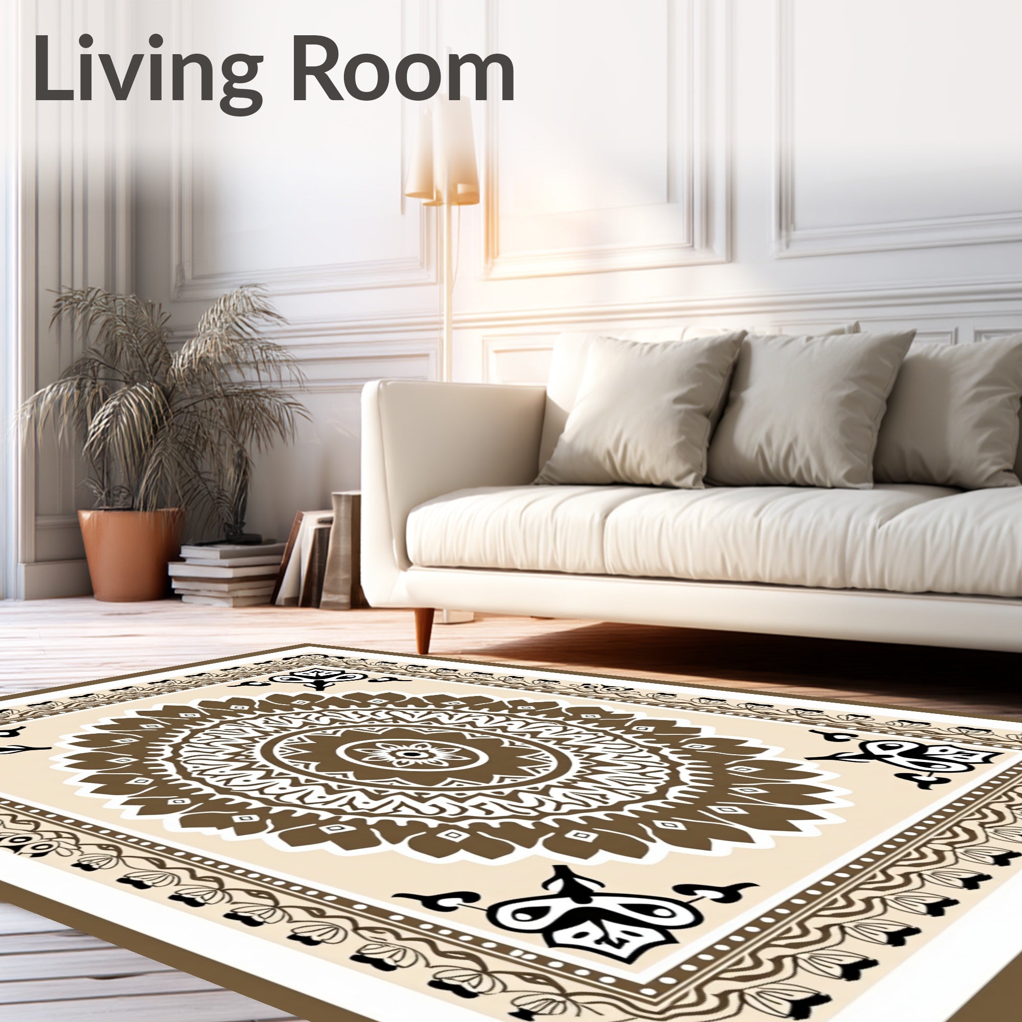 Ornate Brown Mandala Medallion Frame Rug