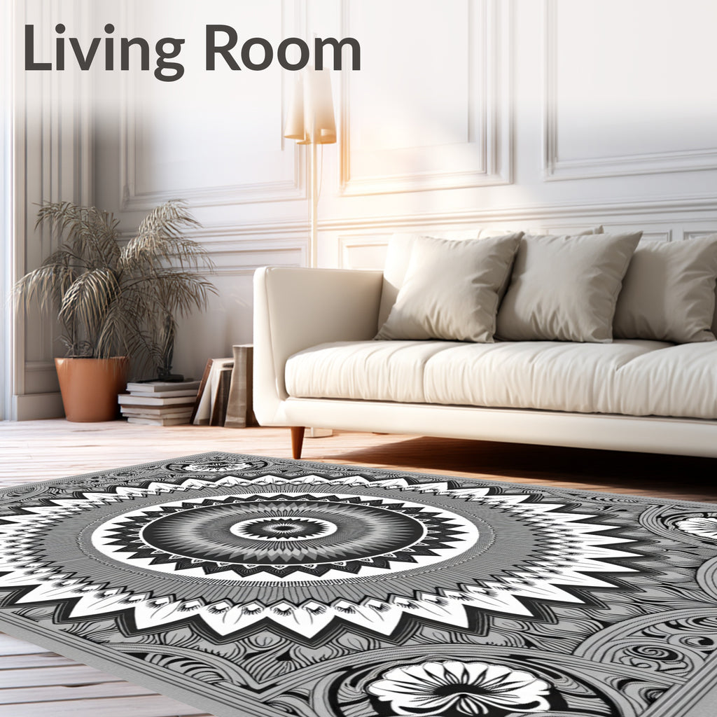 Monochromatic Floral Medallion Mandala Rug