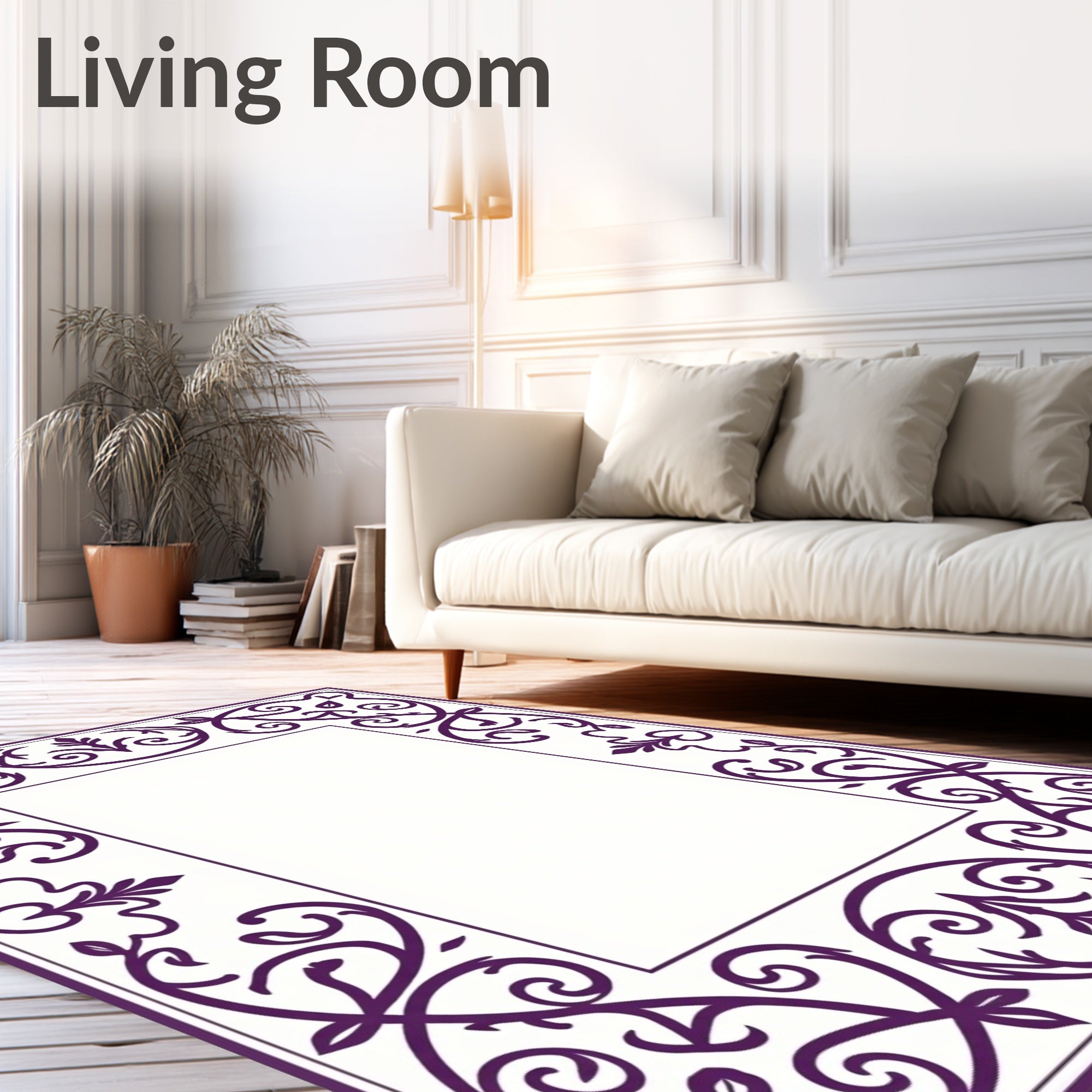 Deep Plum Floral Scrollwork Border Rug