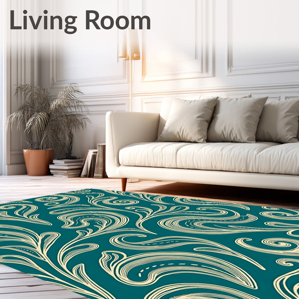 Teal Cream Swirling Vines Flourish Rug