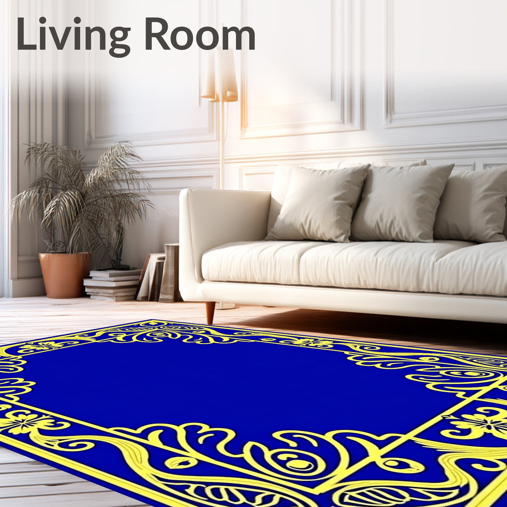 Royal Blue Yellow Art Nouveau Border Rug
