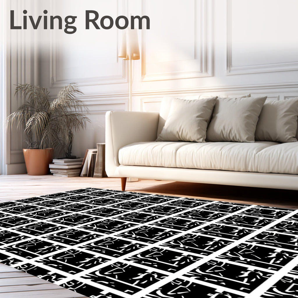 Graphic Black White Abstract Grid Rug