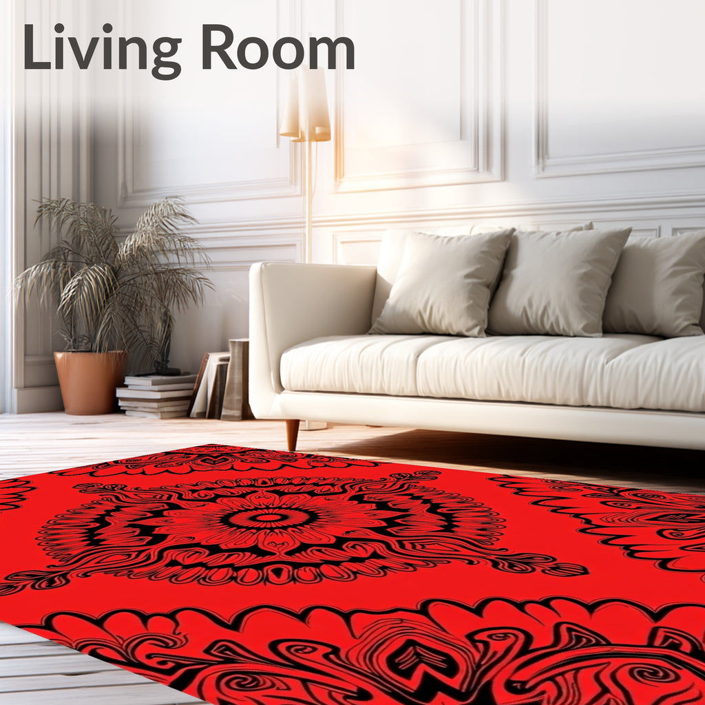 Vibrant Red Black Mandala Medallion Rug