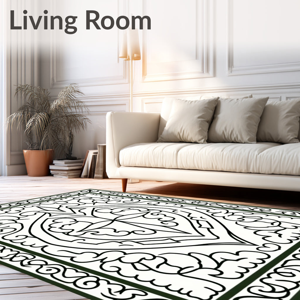 Ornate Black and White Oval Medallion Rug