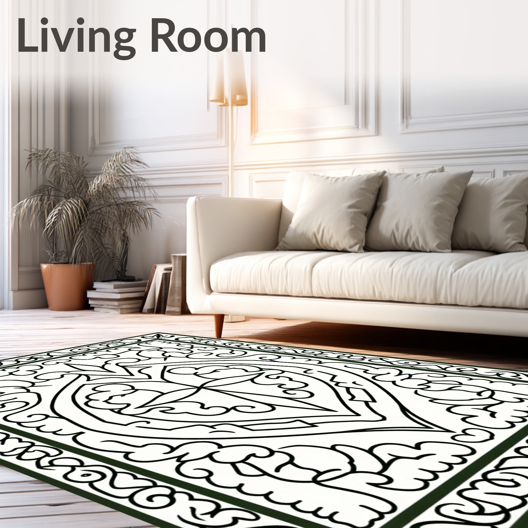 Ornate Black and White Oval Medallion Rug