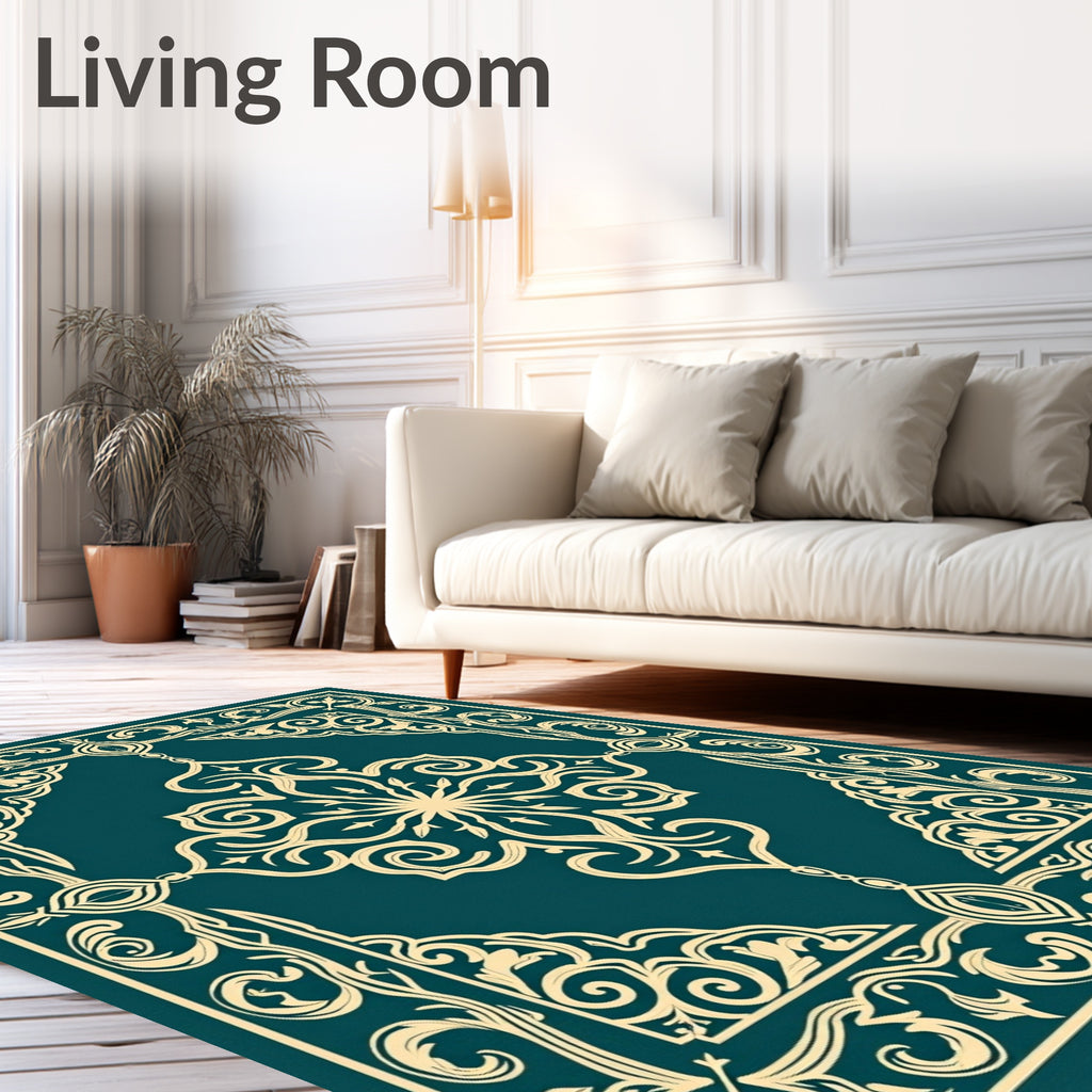 Teal Gold Ornate Scroll Border Rug