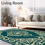 Teal Gold Ornate Scroll Border Rug