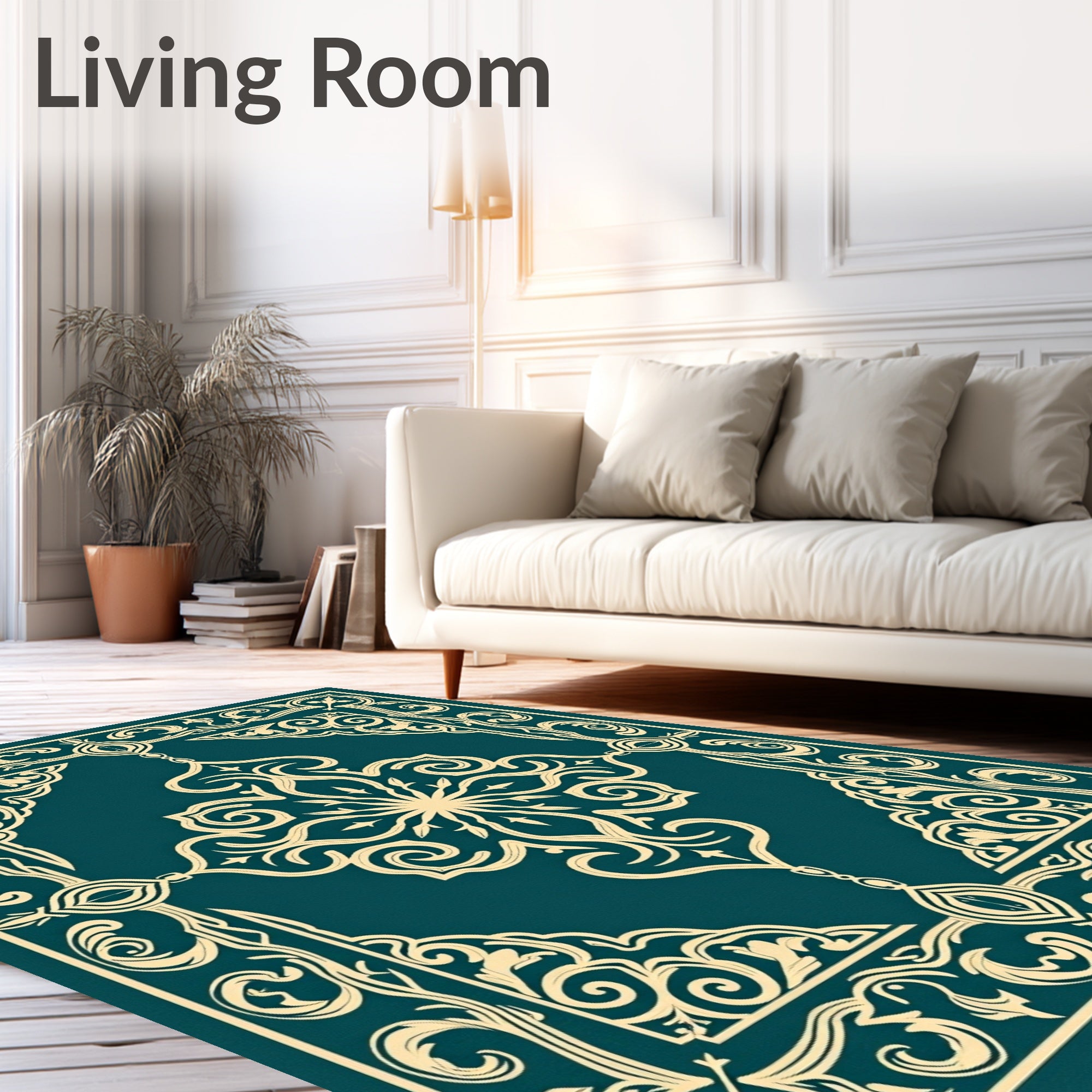 Teal Gold Ornate Scroll Border Rug