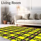 Vibrant Yellow Black Plaid Motif Rug