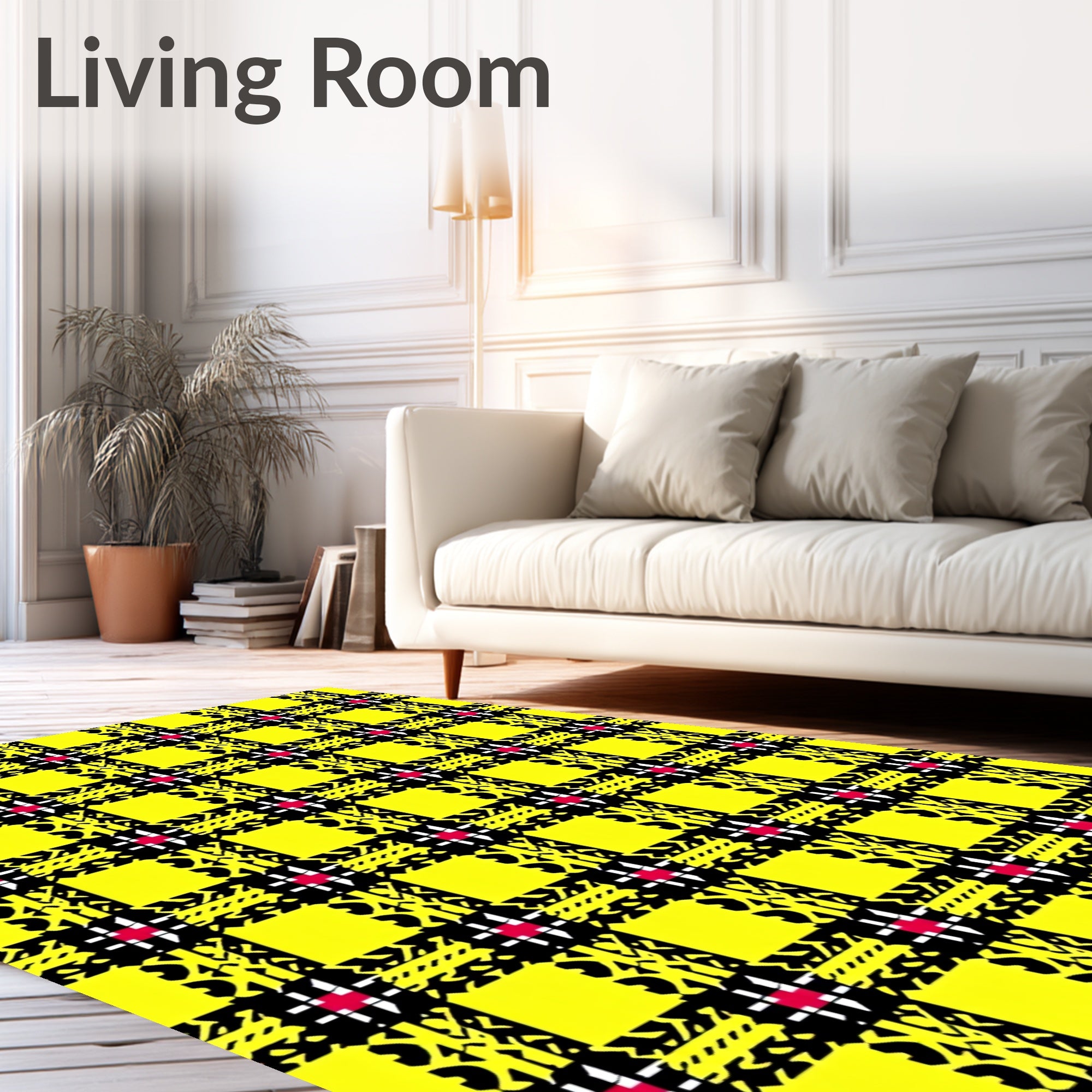Vibrant Yellow Black Plaid Motif Rug