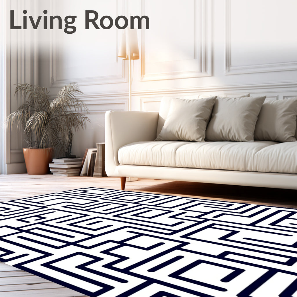 Navy White Geometric Labyrinth Rug