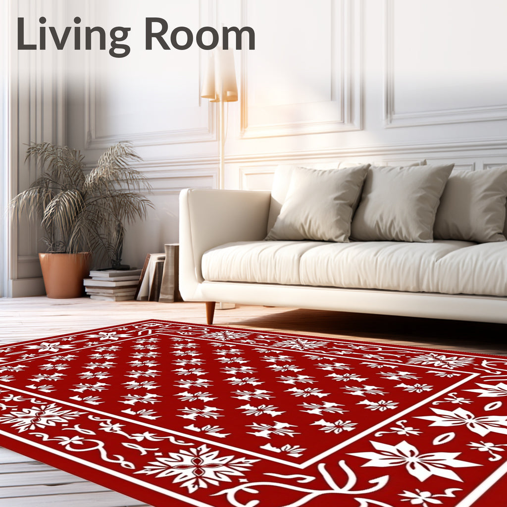 Crimson white floral ornate border Rug
