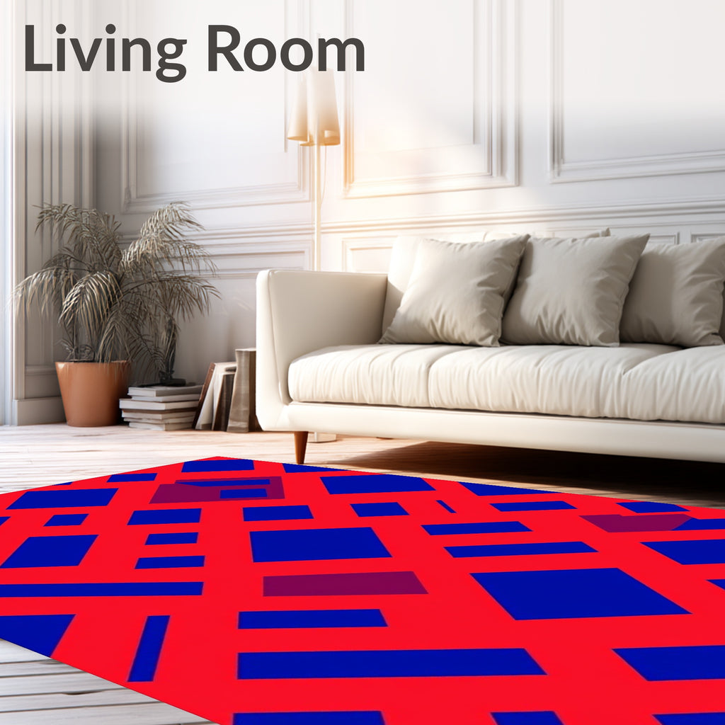 Bold Blue Red Interlocking Squares Rug