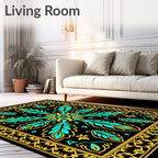 Black Teal Gold Floral Medallion Border Rug