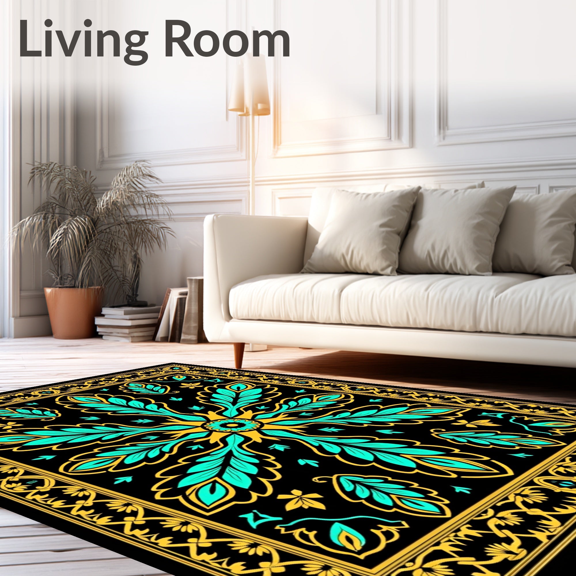 Black Teal Gold Floral Medallion Border Rug