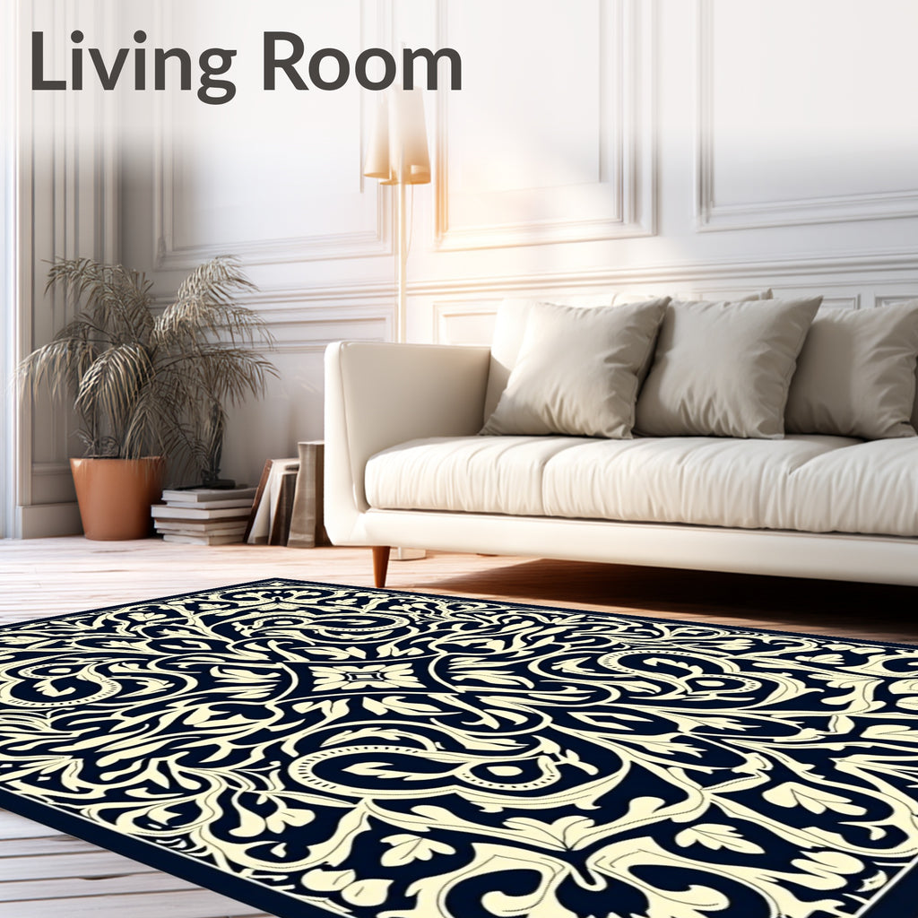 Navy Cream Ornate Floral Medallion Layout Rug