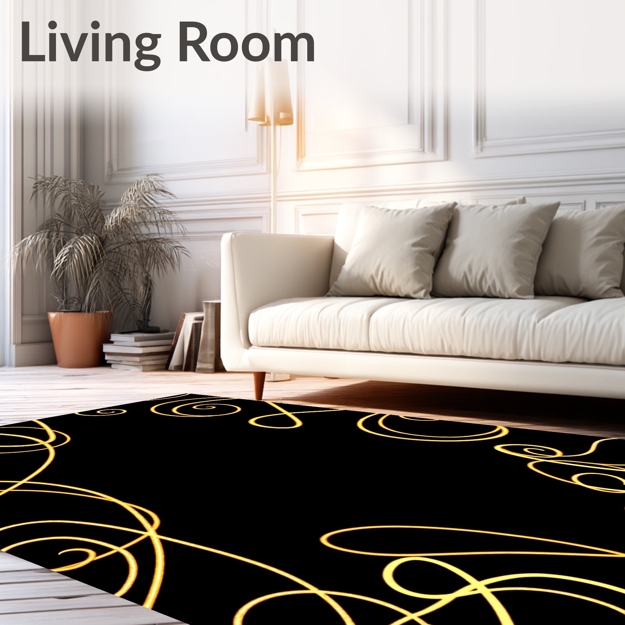 Luminous Golden Swirls Black Background Rug