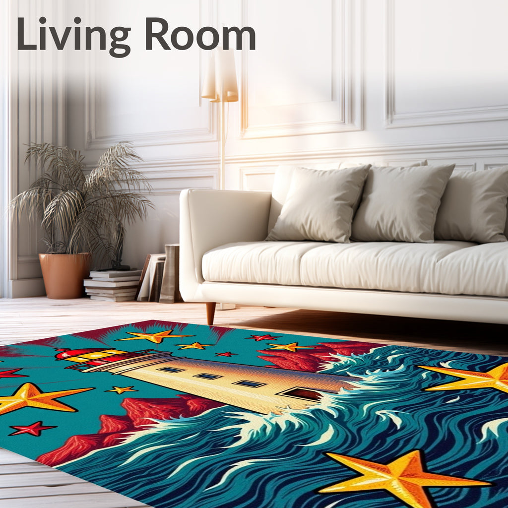 Nautical Lighthouse Starry Marine Scene Rug