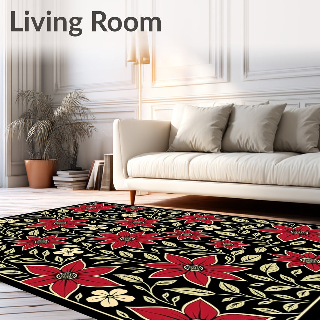 Crimson Floral Black Garden Weave Rug