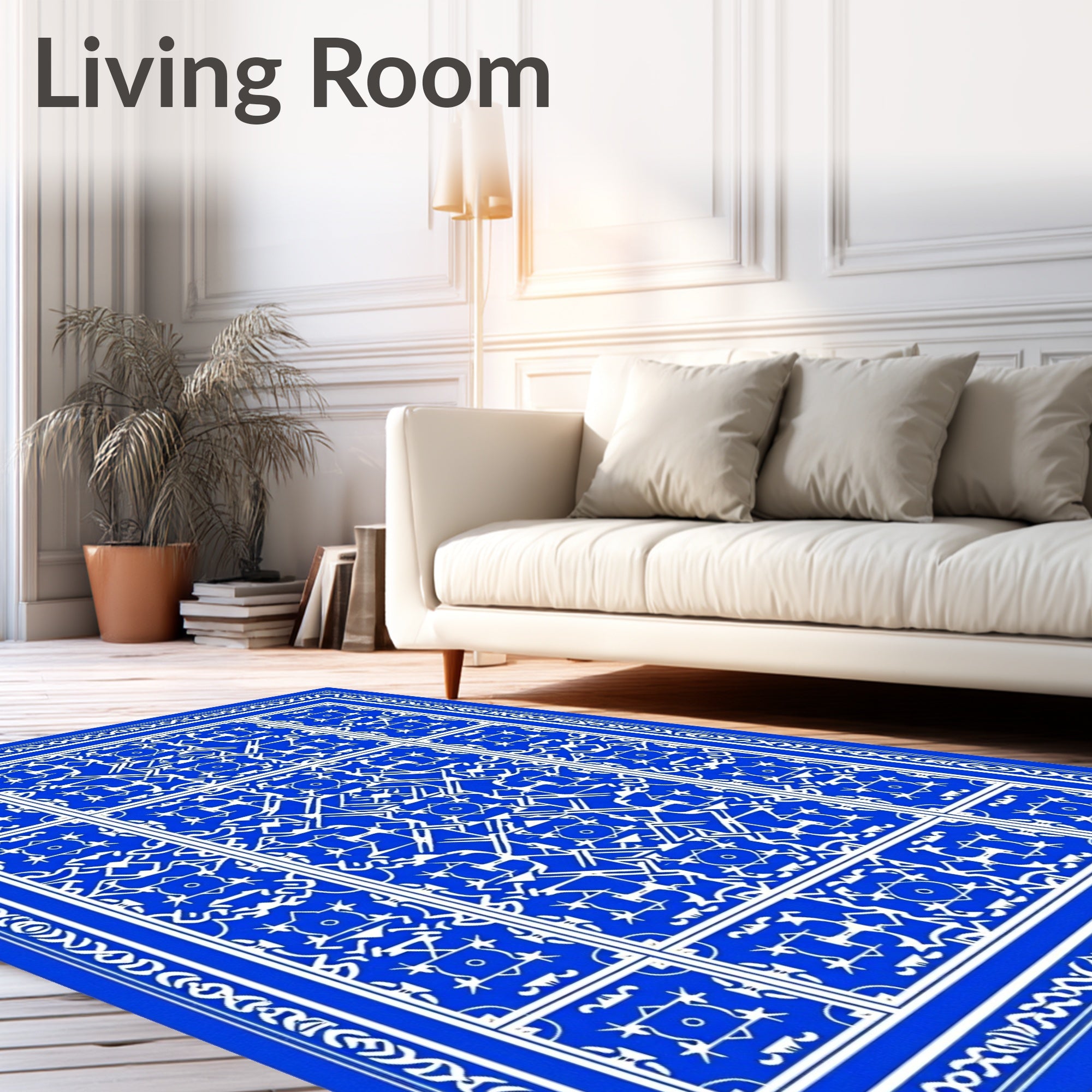 Vibrant Blue White Geometric Symmetry Rug