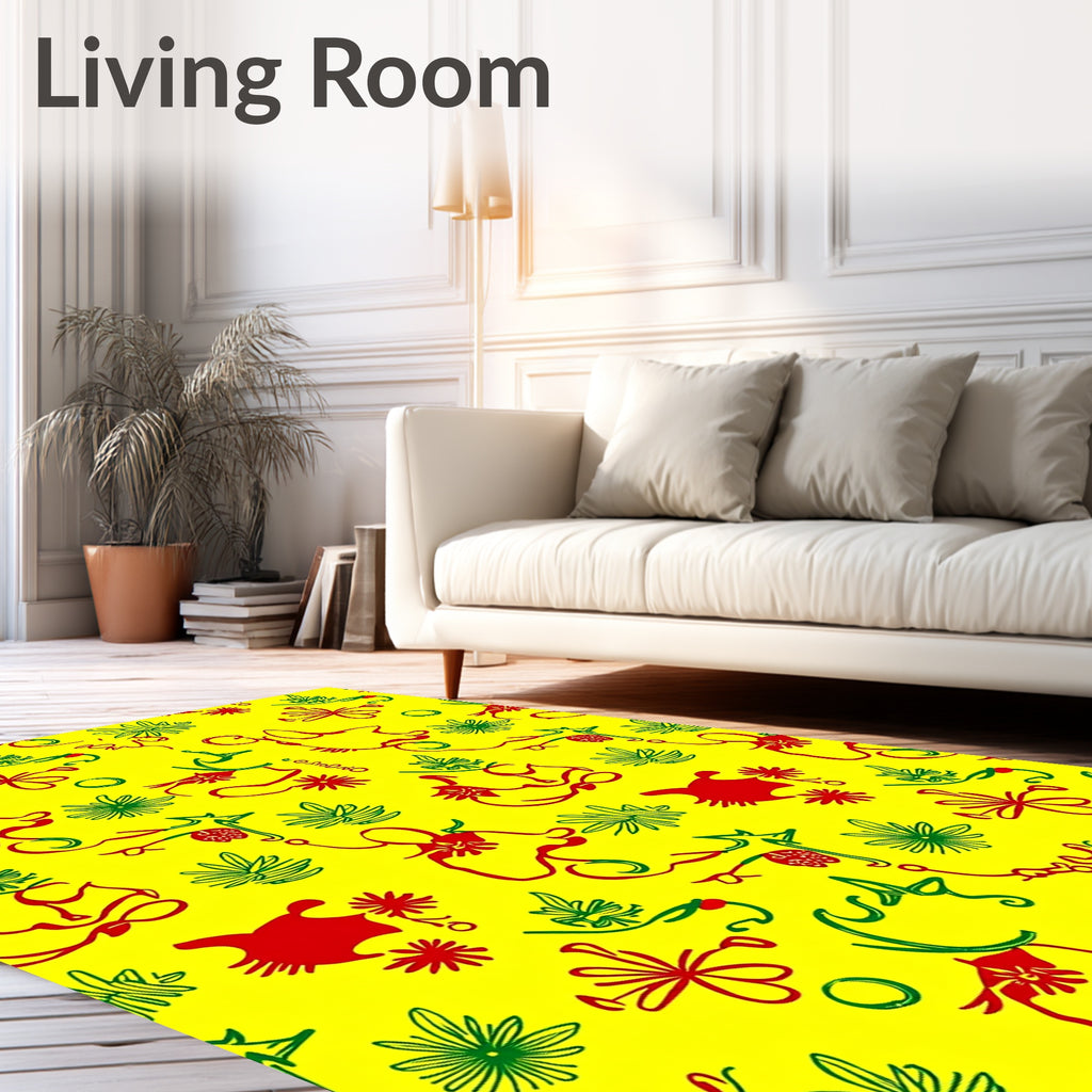 Red Green Abstract Figures Yellow Rug