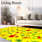 Red Green Abstract Figures Yellow Rug
