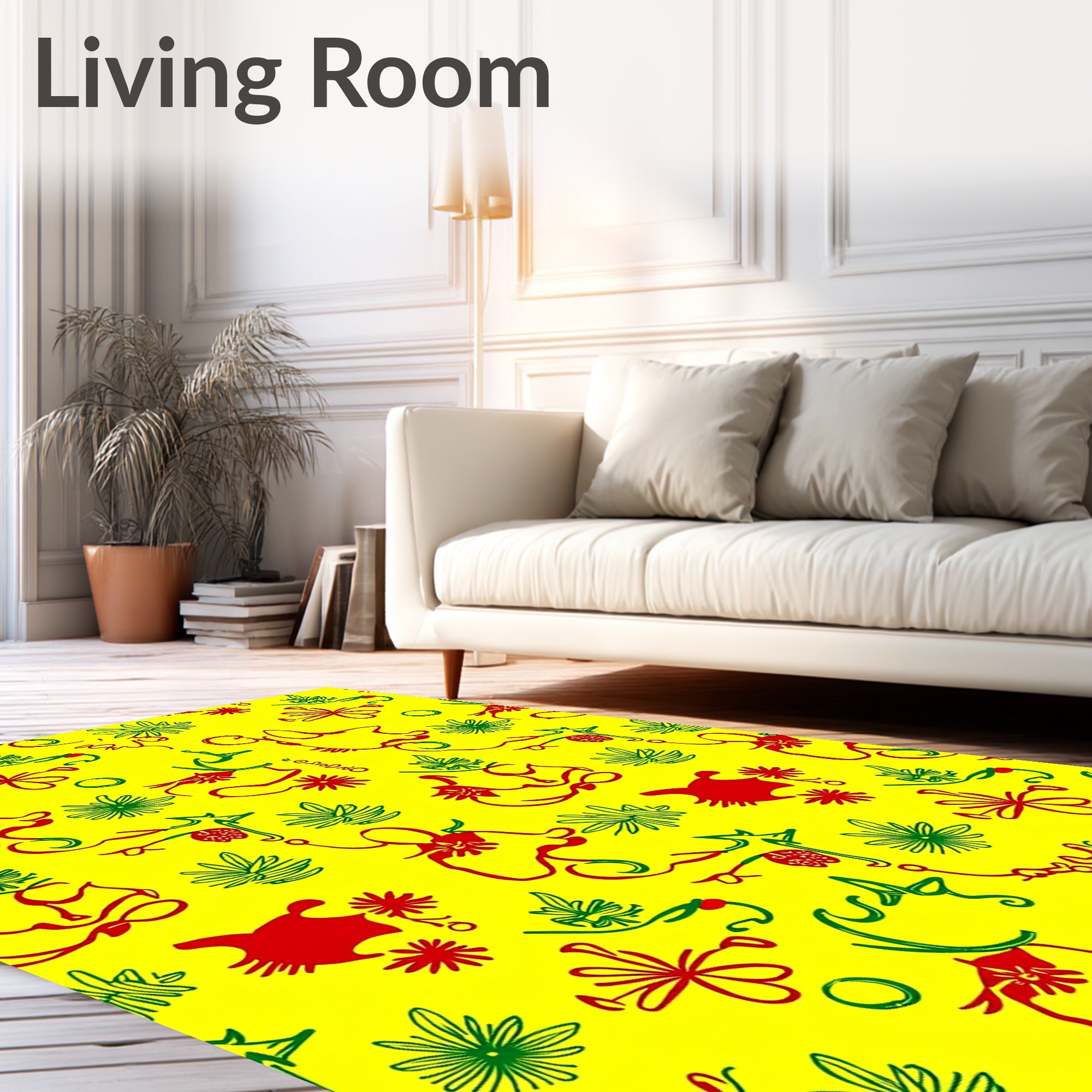 Red Green Abstract Figures Yellow Rug