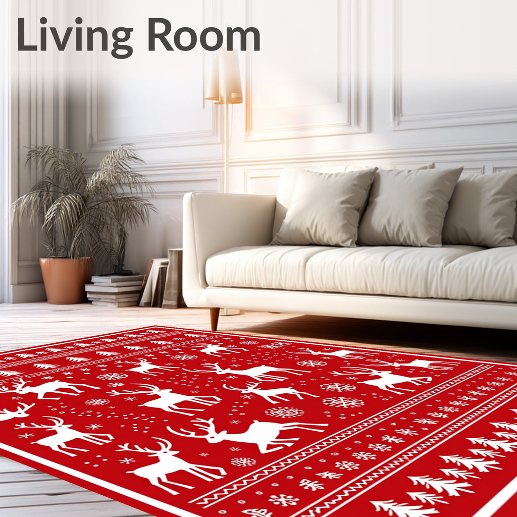 Winter Reindeer Snowflake Forest Scene Rug