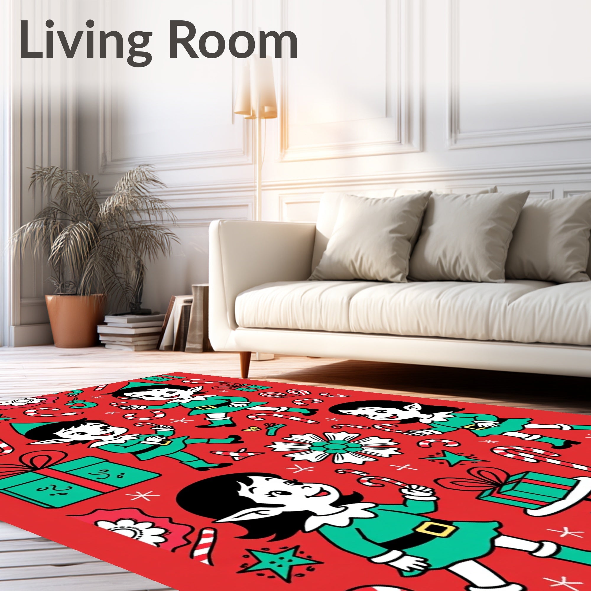 Whimsical Christmas Elves Candy Cane Collage Rug