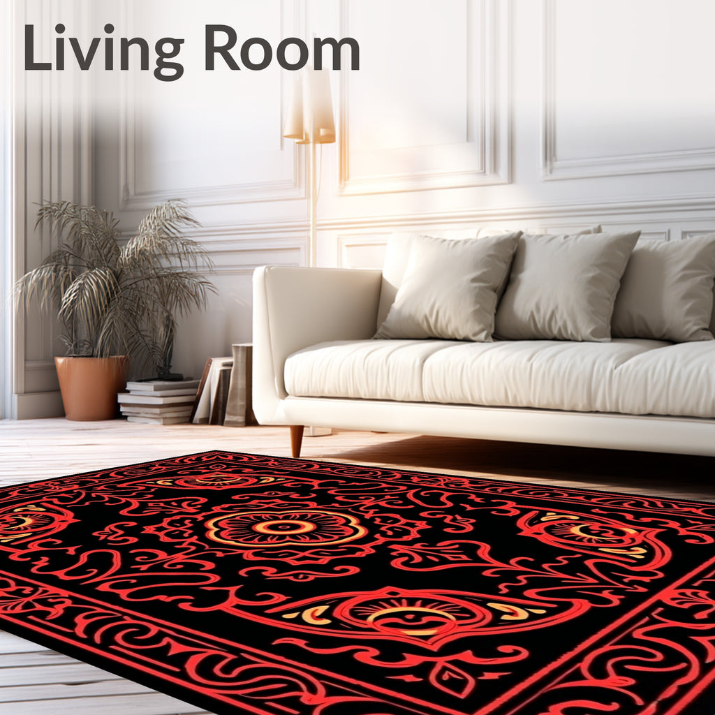 Crimson Black Ornate Floral Medallion Rug