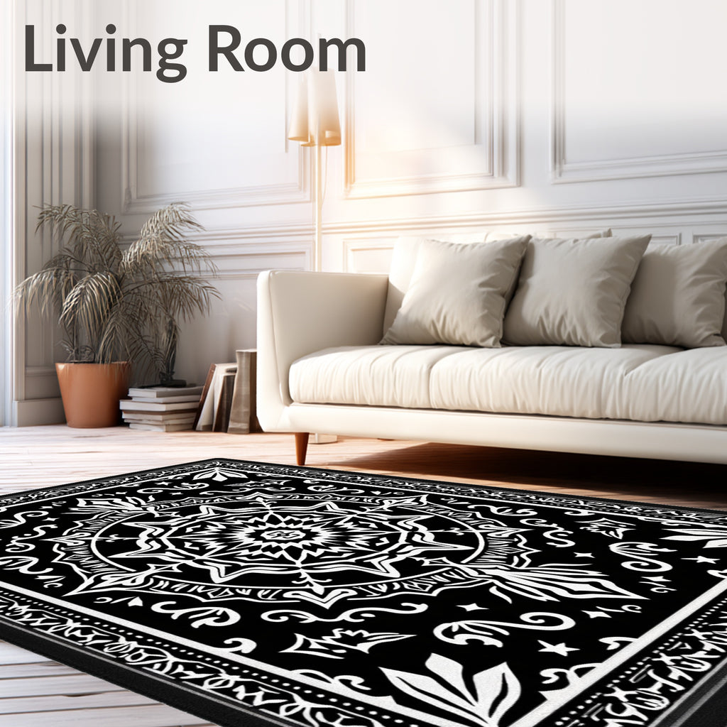 Black and White Geometric Star Medallion Rug