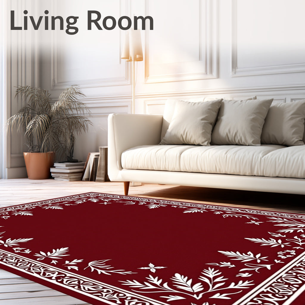 Crimson White Floral Botanical Border Rug