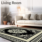 Ornate Black Cream Medallion Border Rug